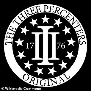 White logo on black background. The Roman numeral for three, III, breaks up the number "1776" so it almost reads "17, III, 76 ."This is encircled by stars. A white circle with the text "The Three Percenters Original" borders it all