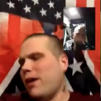 Screenshot of video chat between John Camden and Josh Long. Camden is larger and in front of US flag superimposed with Confederate flag. Long is in smaller window smoking a cigarette.