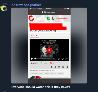 Photo of message from Andrew Anagnorisis saying "Everyone should watch this if they havn't." He was referencing a movie about Adolf Hitler. 