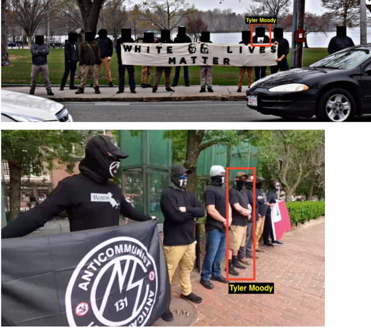 Two images both showing NSC-131 standing in a line in public places. They are all dressed in black and wearing masks. In one image they are holding a banner that says "White Lives Matter", in the other they are holding a flag that says "131 ANTICOMMUNIST ANTICAPITALIST"